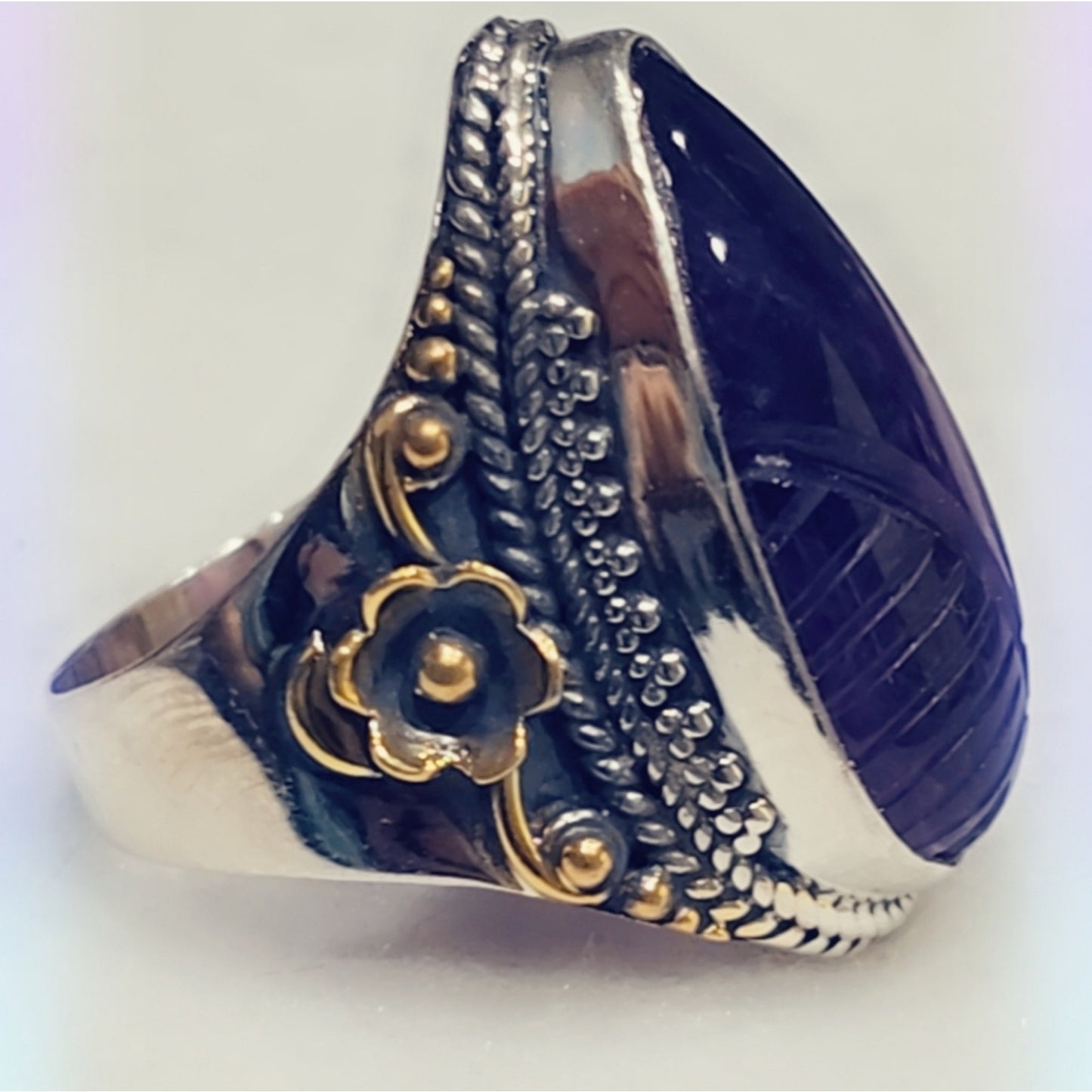 Carved Amethyst Custom Made Sterling Silver Gemstone Ring