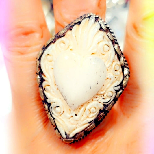 Sacred Heart ❤️  Carved Buffalo Bone Handcrafted Tibetan Ring