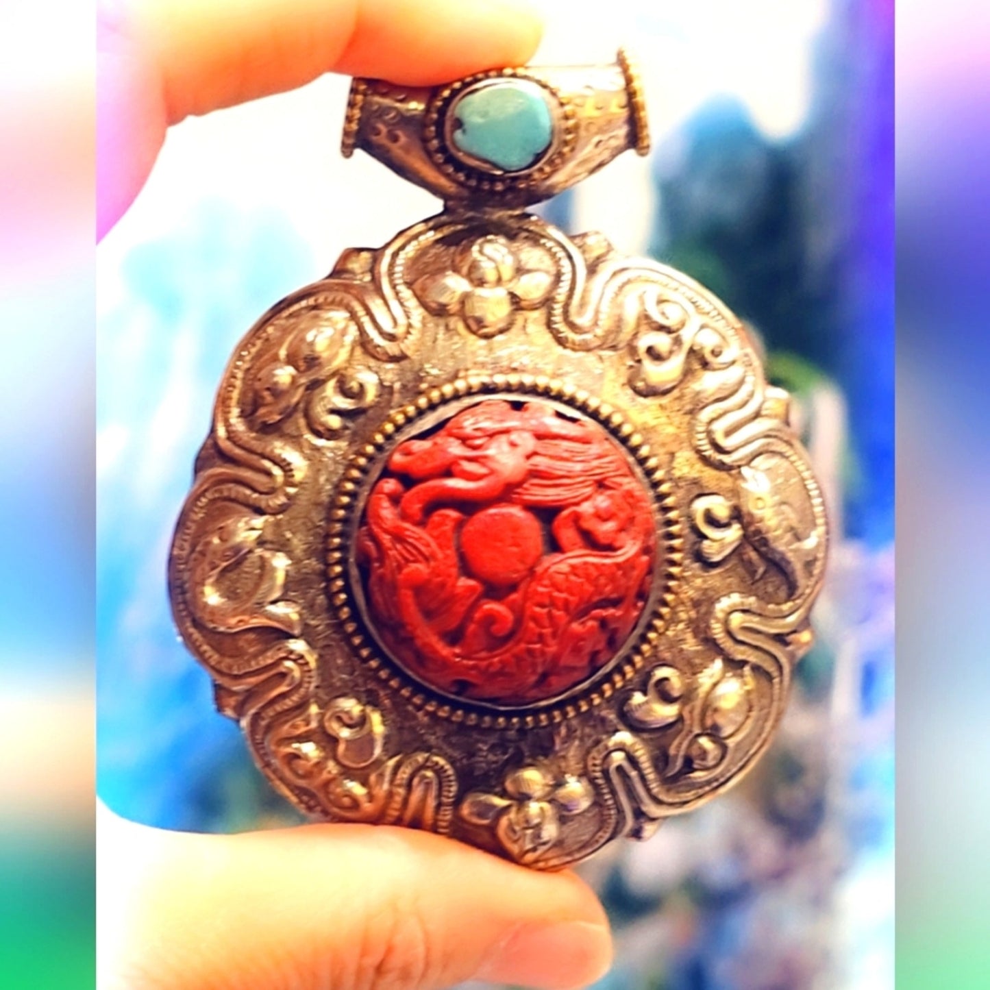 Cinnabar Carved Tibetan Pendant