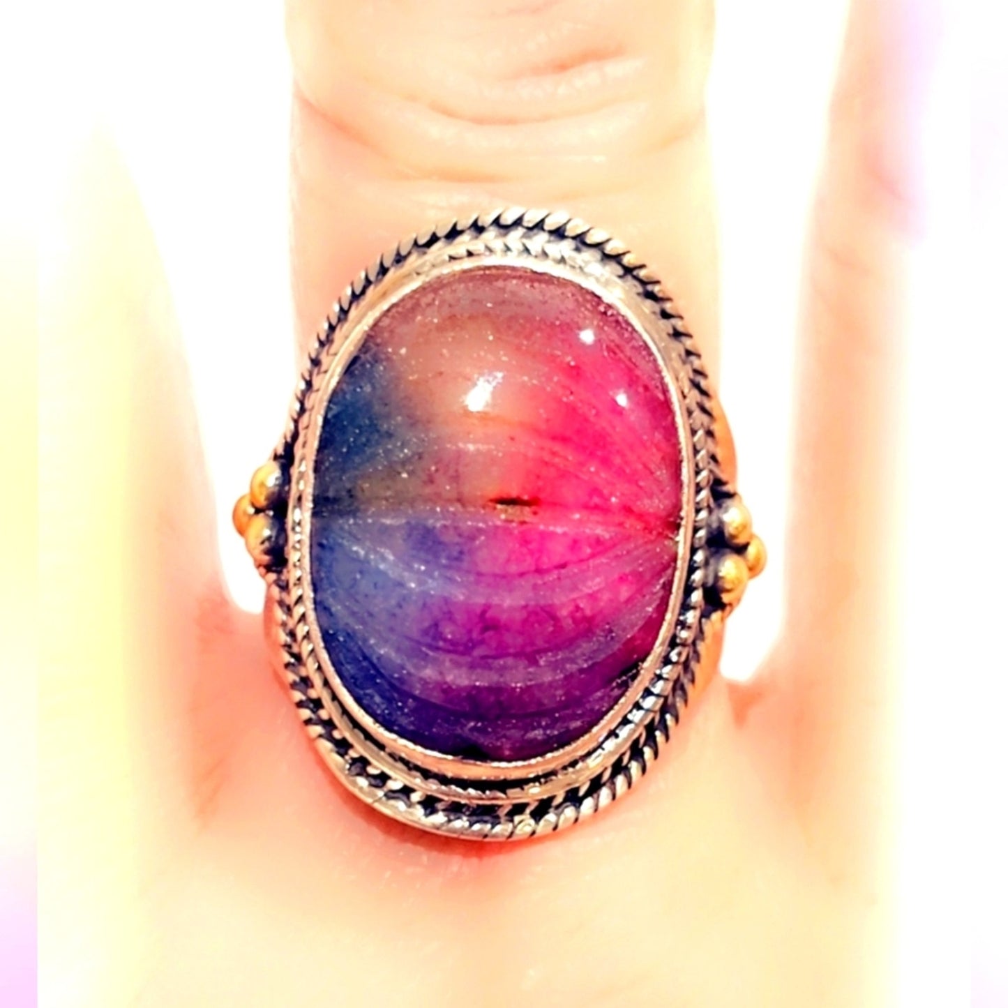 Carved Rainbow Agate Sterling Silver 925 Gemstone Ring