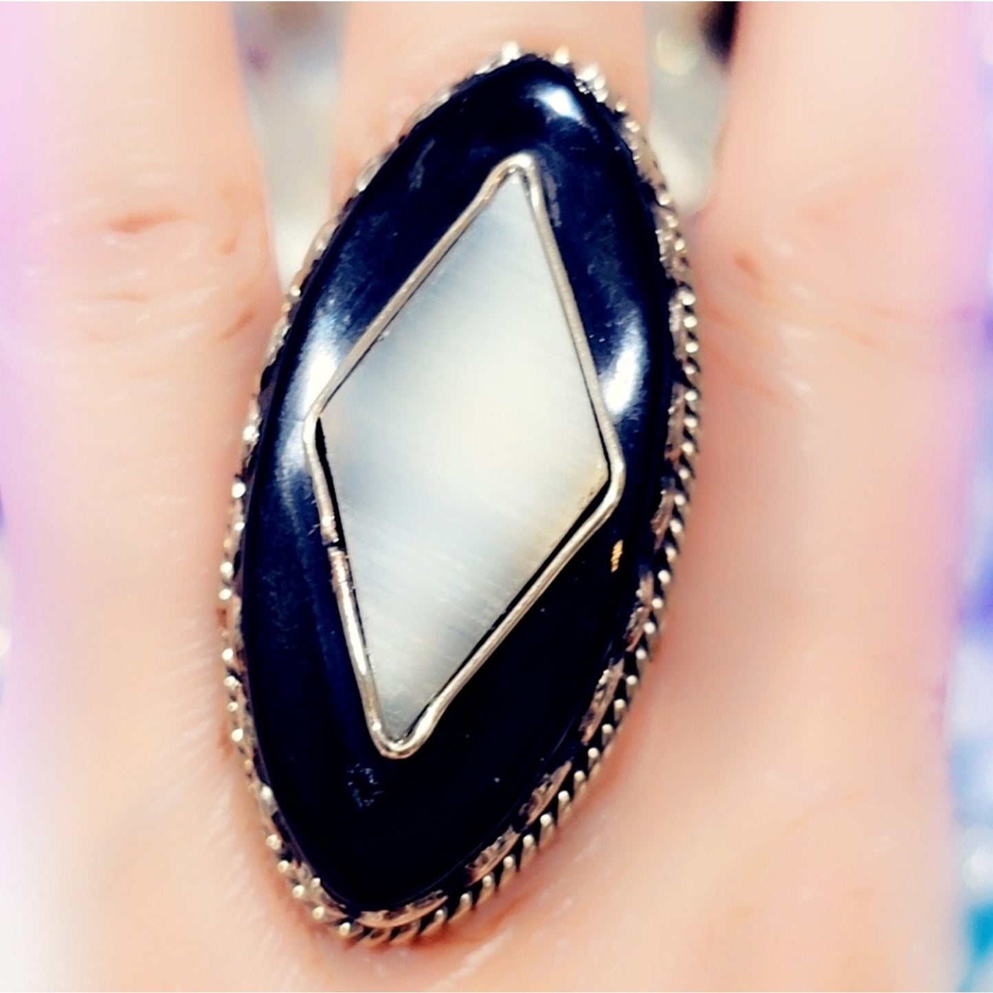 Onyx & Mother Of Pearl Ring Carved Handcrafted Tibetan Ring