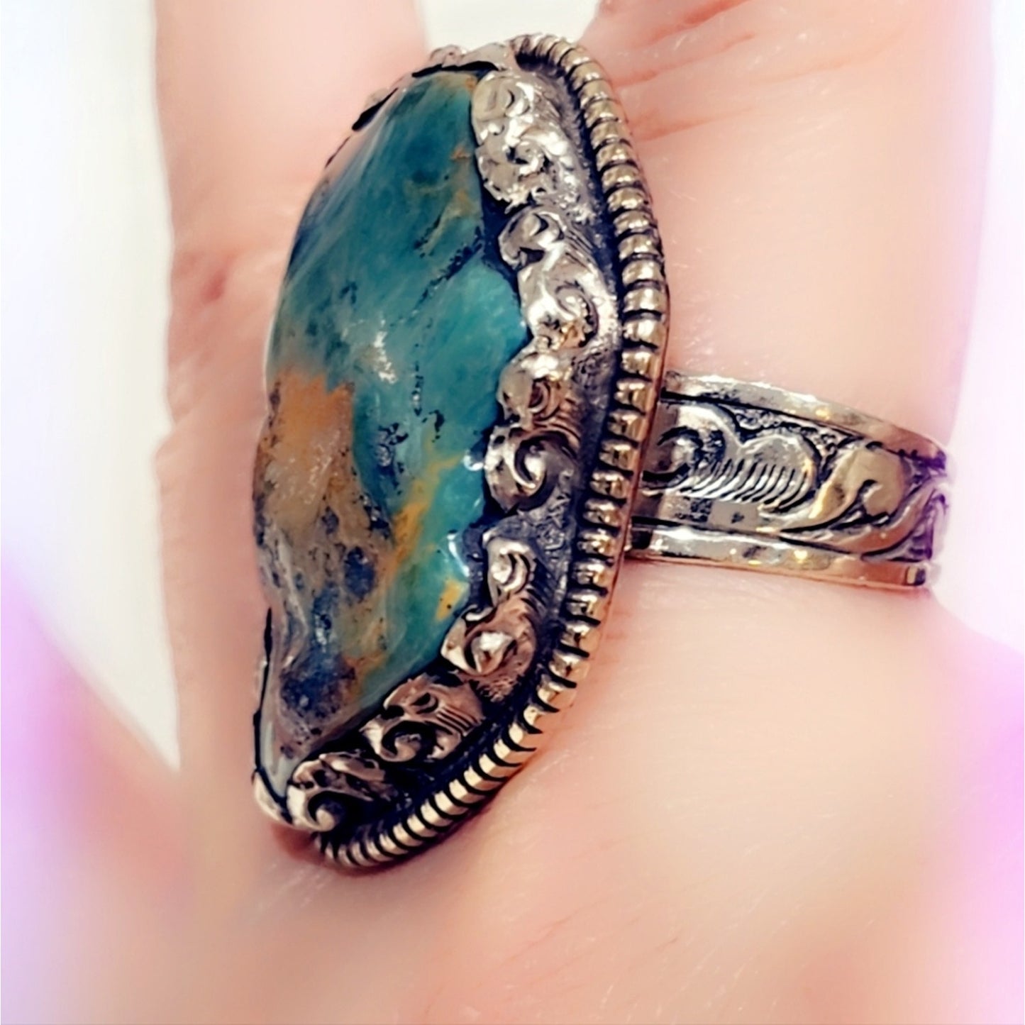 Turquoise Ring Carved Handcrafted Tibetan Ring