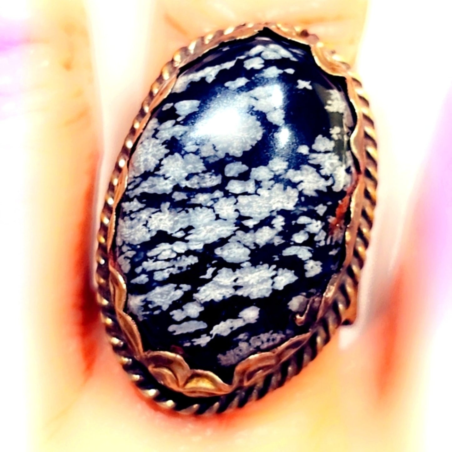 Snowflake Obsidian Ring Carved Handcrafted Tibetan Ring