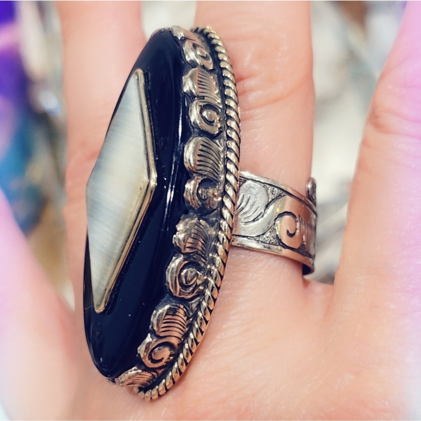 Onyx & Mother Of Pearl Ring Carved Handcrafted Tibetan Ring