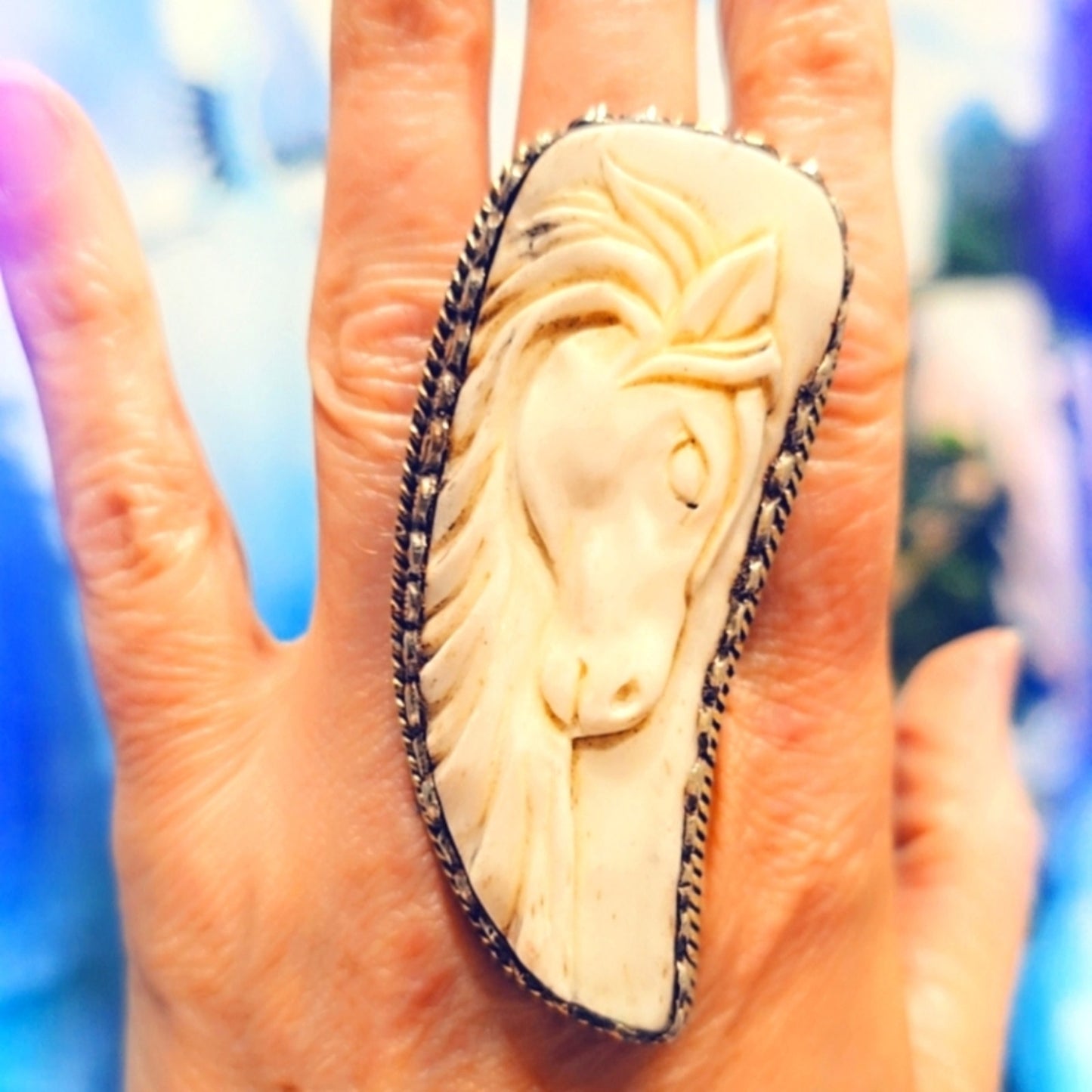 🐎 Carved Bone Gigantic Ring. Handcrafted