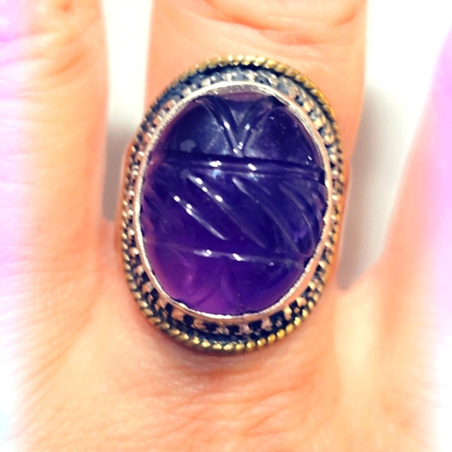 Carved Amethyst Custom Made Sterling Silver Gemstone Ring