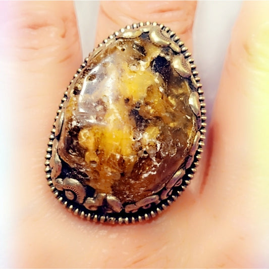 Amber Ring Carved Handcrafted Tibetan Ring