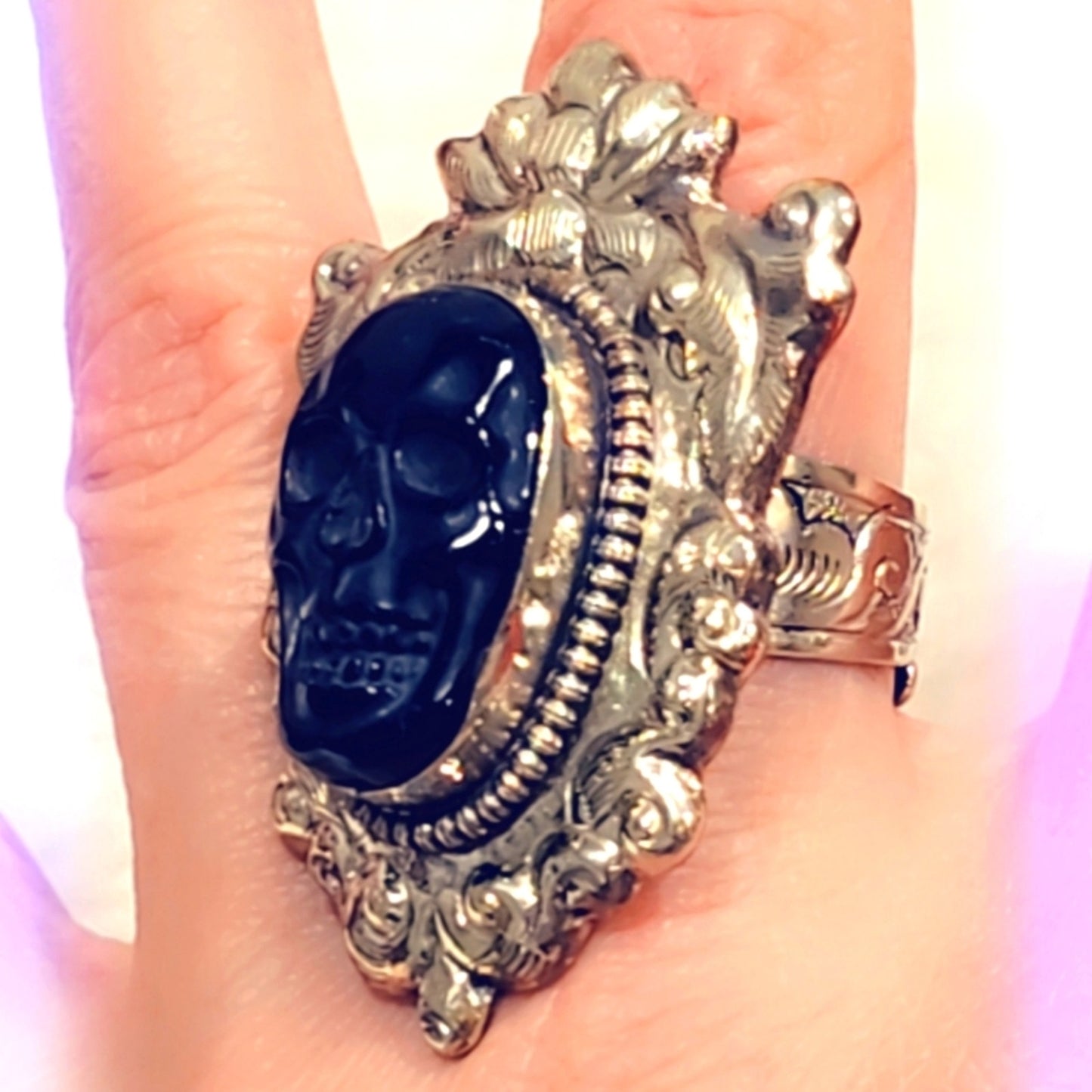 Carved Skull Obsidian Handcrafted Tibetan Ring