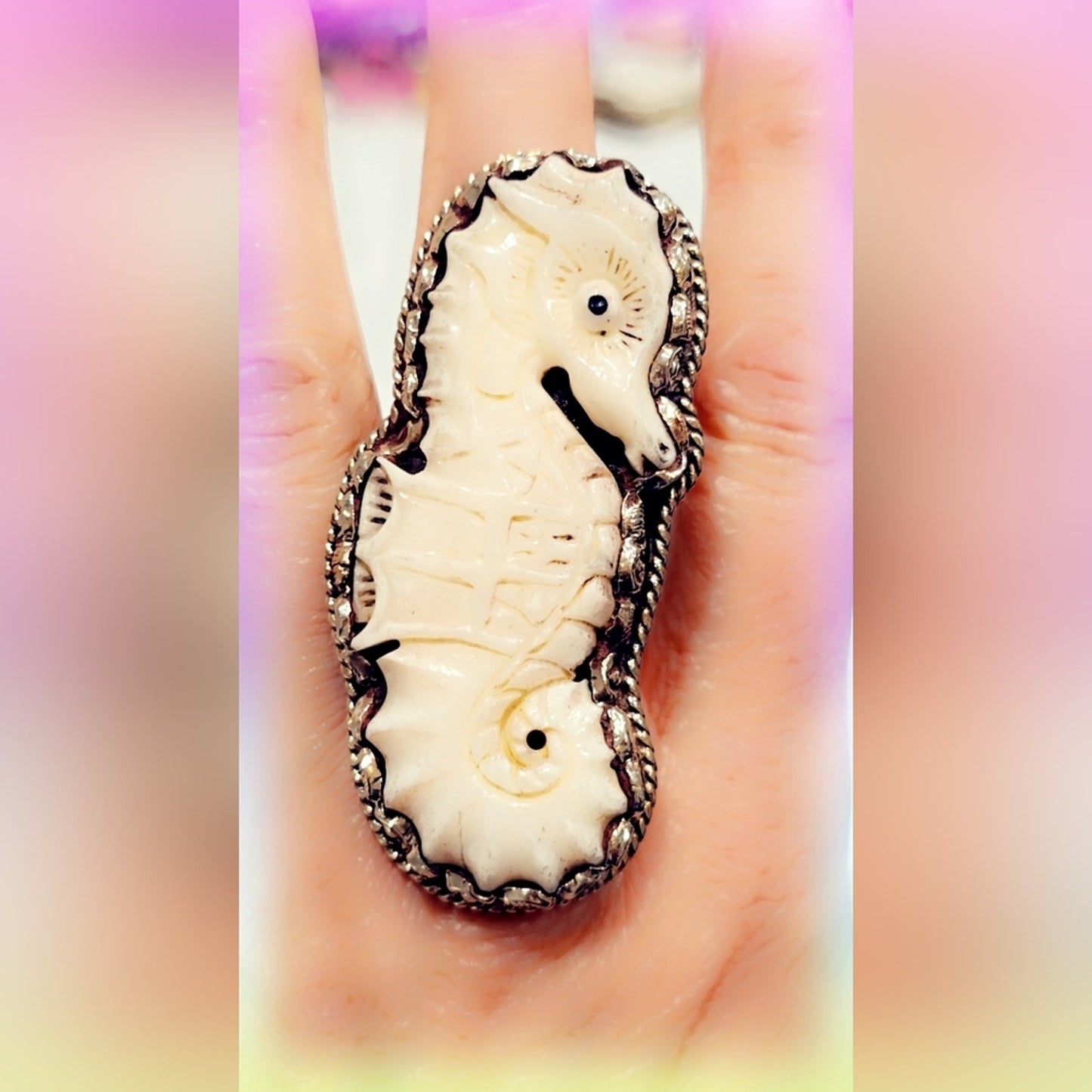 Seahorse Carved Buffalo Bone Handcrafted Tibetan Ring