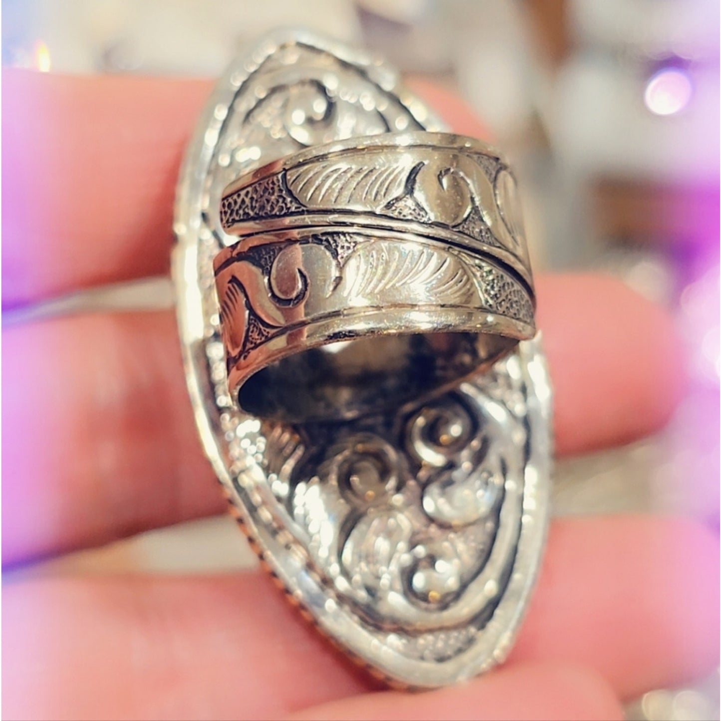 Onyx & Mother Of Pearl Ring Carved Handcrafted Tibetan Ring