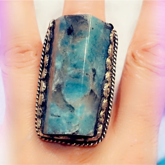 Chrysoccola In Quartz Huge Gemstone Handcrafted Tibetan Ring