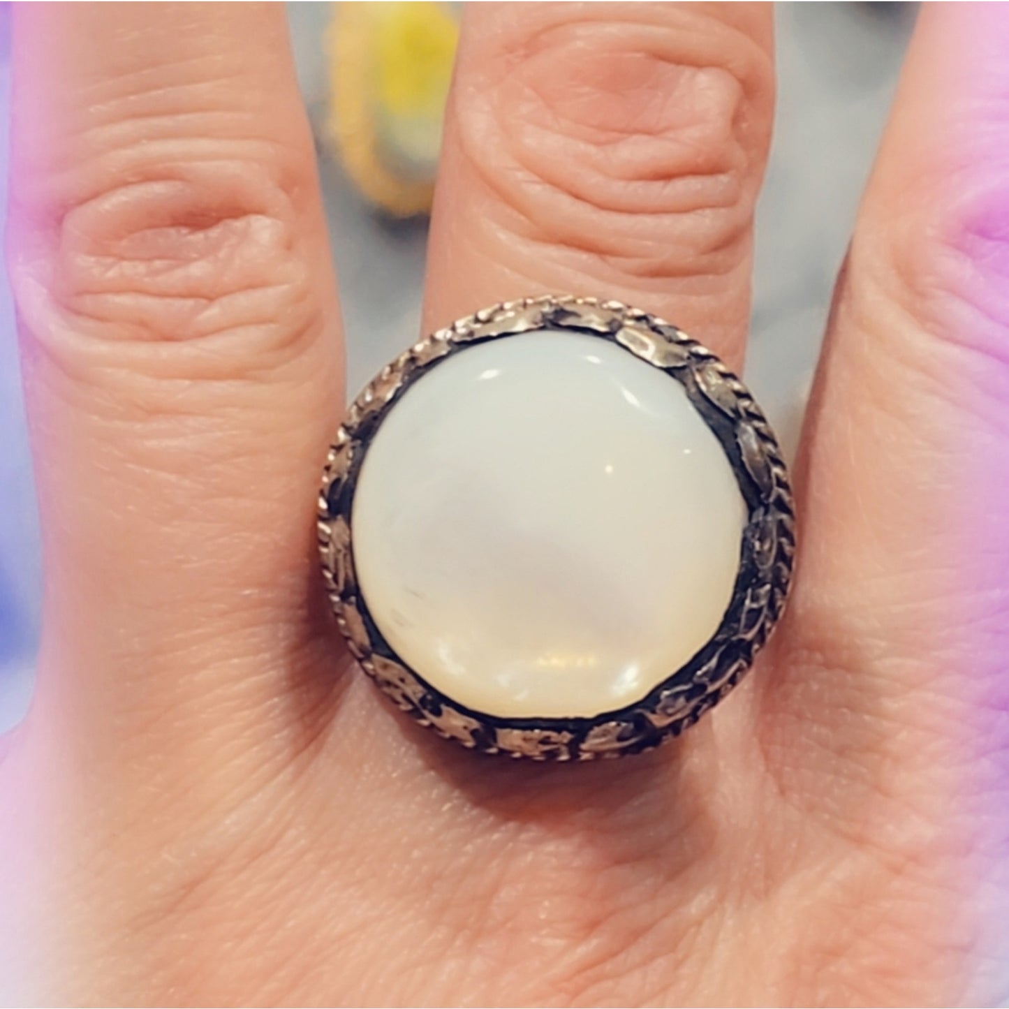 Mother Of Pearl Ring Carved Handcrafted Tibetan Ring