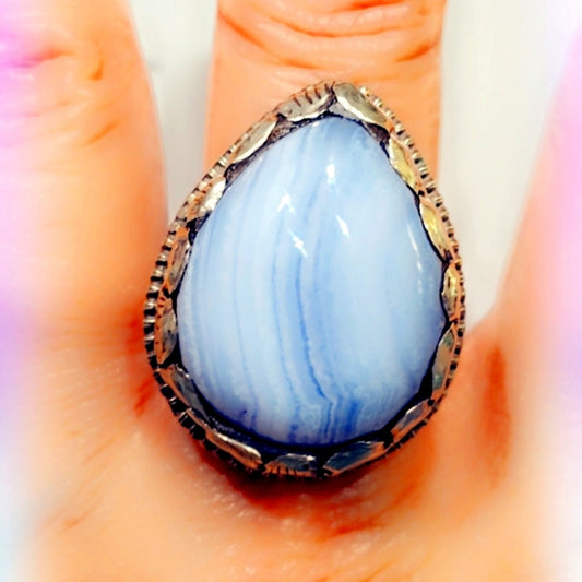 Blue Lace Agate Gemstone Handcrafted Tibetan Ring