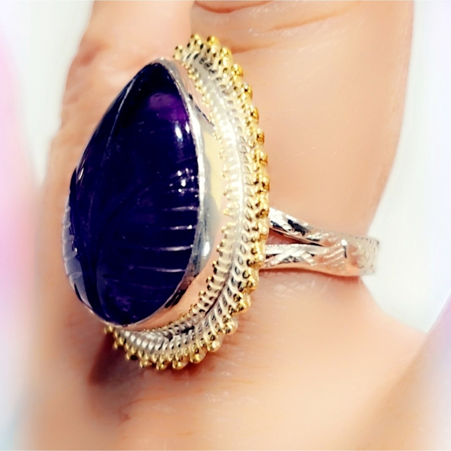 Carved Amethyst Custom Made Sterling Silver Gemstone Ring