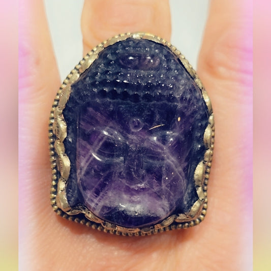 Carved Buddah Amethyst Handcrafted Tibetan Ring