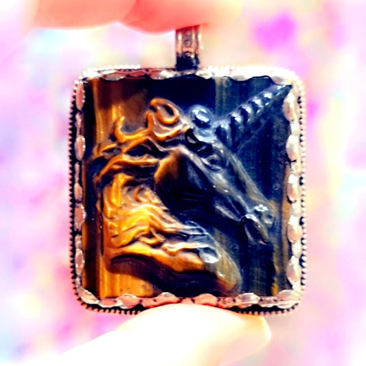 Carved Unicorn Huge Tigers Eye Handcrafted Tibetan Pendant