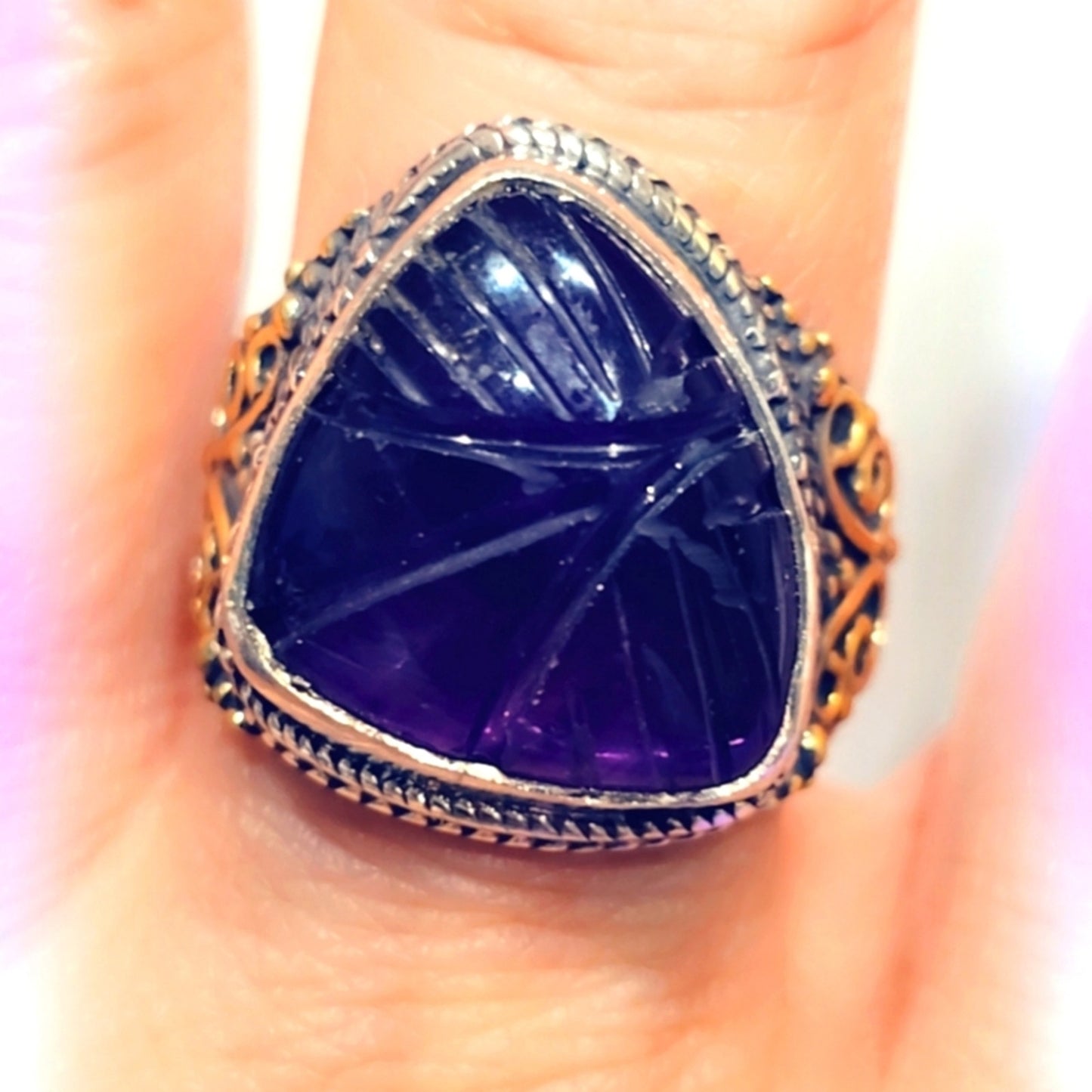 Carved Amethyst Custom Made Sterling Silver Gemstone Ring