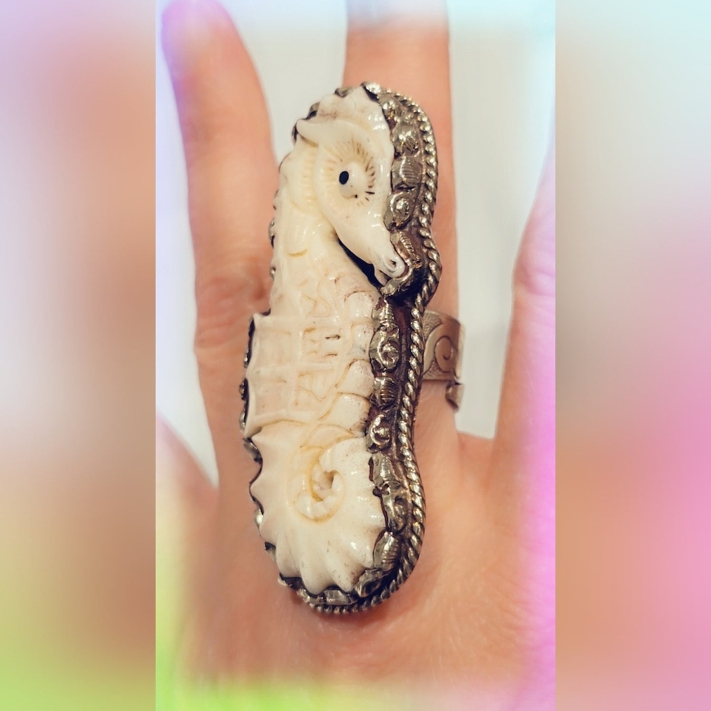 Seahorse Carved Buffalo Bone Handcrafted Tibetan Ring