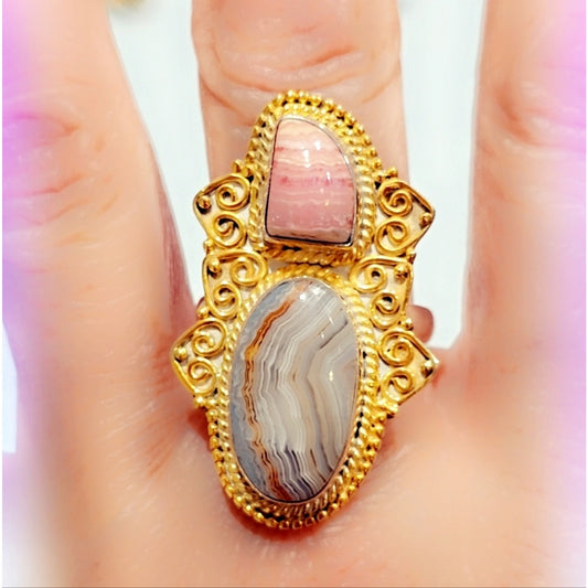 Crazy Lace & Rhodochrosite Sterling Double Stone Gemstone Ring