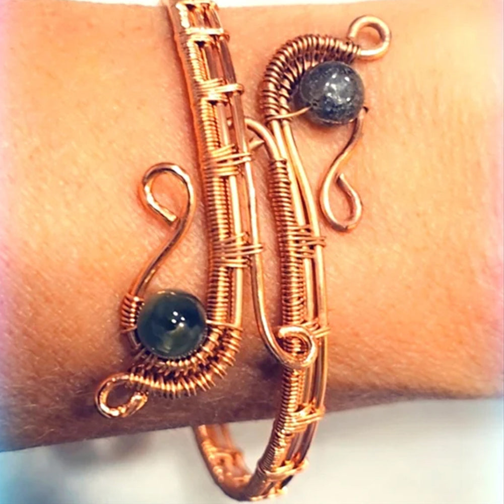 Agate & Quartz beads Copper Wrapped Adjustable Bangle Cuff Gemstone Bracelet