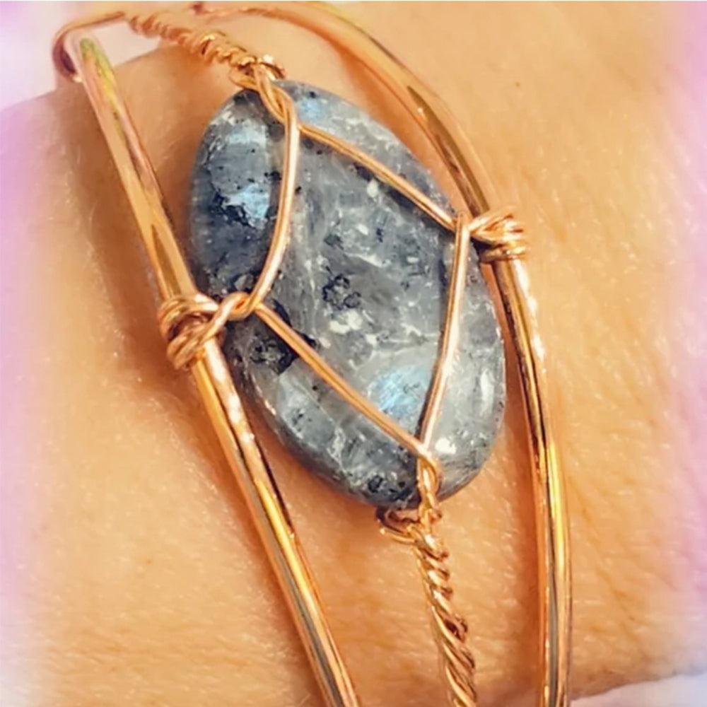 Larvakite Copper Wrapped Adjustable Bangle Cuff Gemstone Bracelet, Beautifully Handcrafted