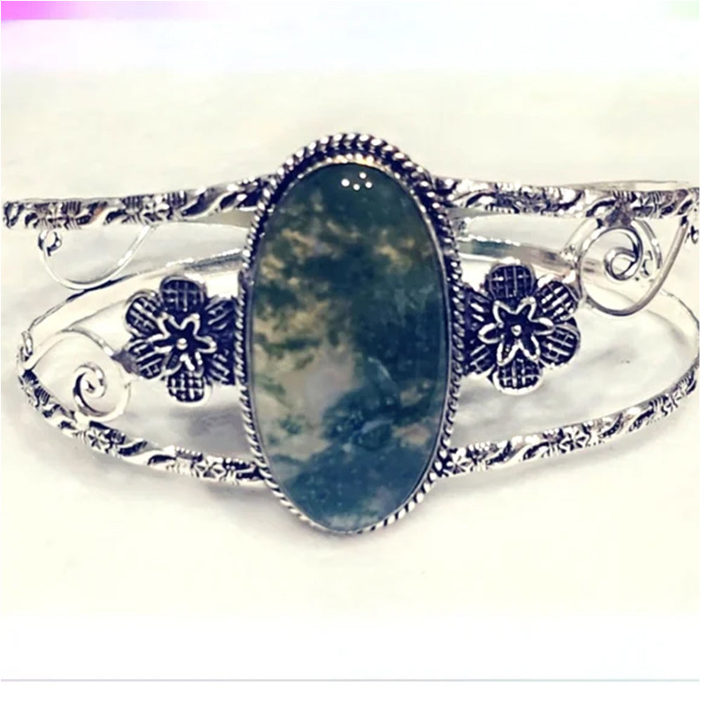 Moss Agate Gemstone Bracelet, Adjustable, Bangle Gemstone Cuff Bracelet