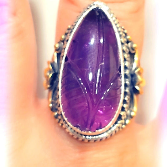 Carved Amethyst Custom Made Sterling Silver Gemstone Ring