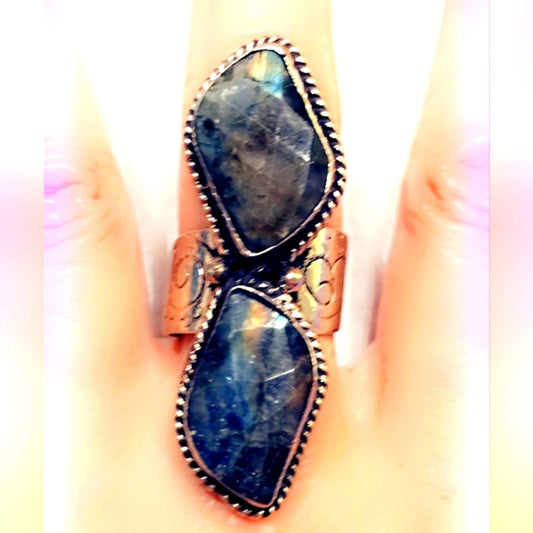 Double Stone Faceted Labradorite Carved Handcrafted Tibetan Ring