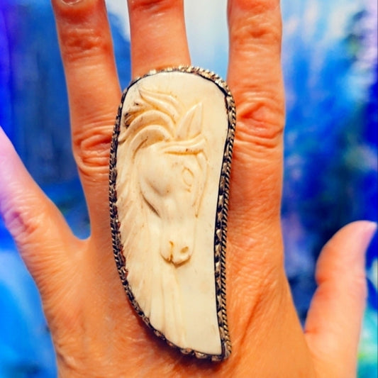 Horse Ring- Carved Buffalo Bone