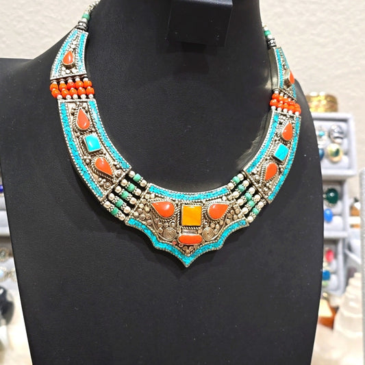 Hand Crafted Tibetan Coral, Amber & Turquoise Necklace