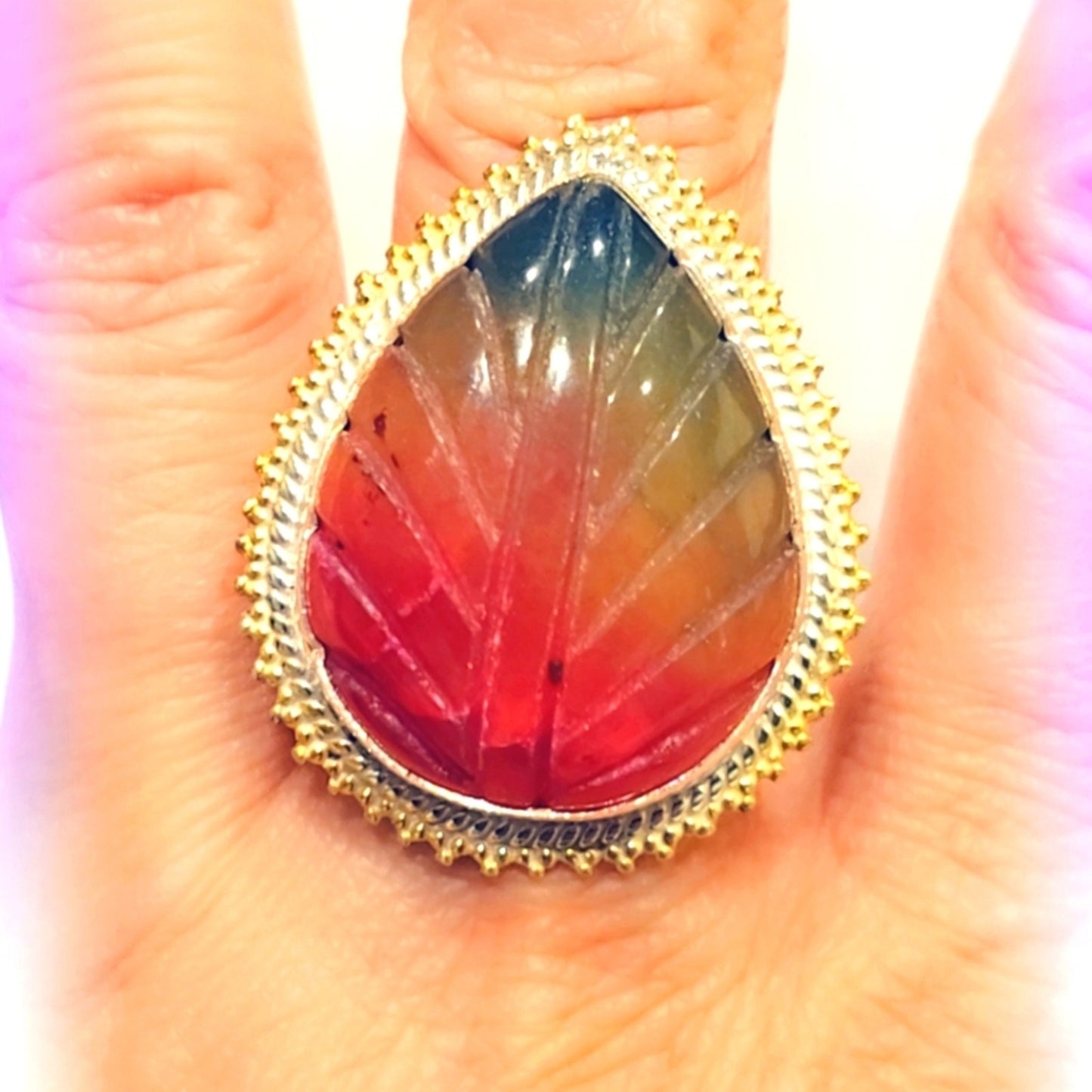 HUGE CARVED Dyed Agate Custom Made Sterling Silver Gemstone Ring