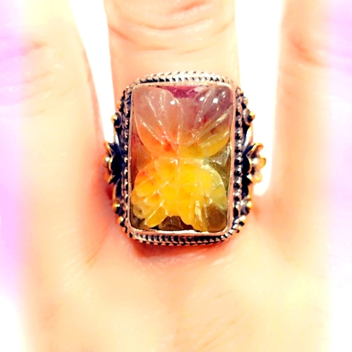 Carved Rainbow Agate Sterling Silver 925 Gemstone Ring