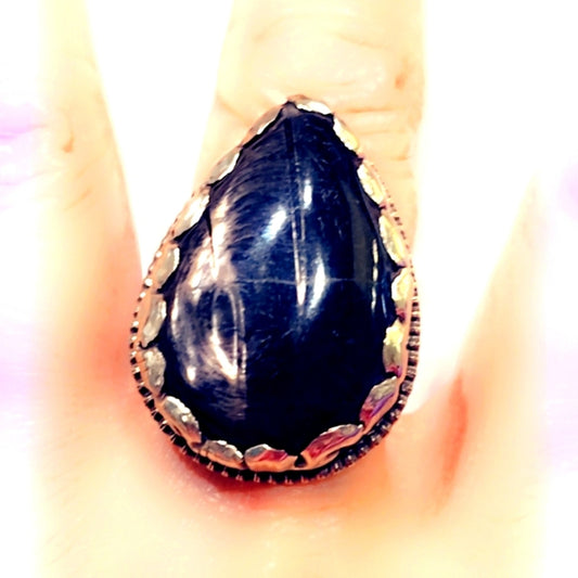 Black Sheen Obsidian Huge Gemstone Handcrafted Tibetan Ring