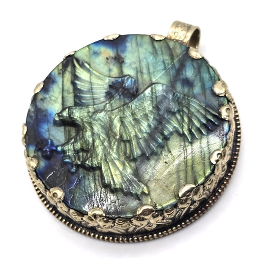 Carved Labradorite Eagle Handcrafted Tibetan Pendant