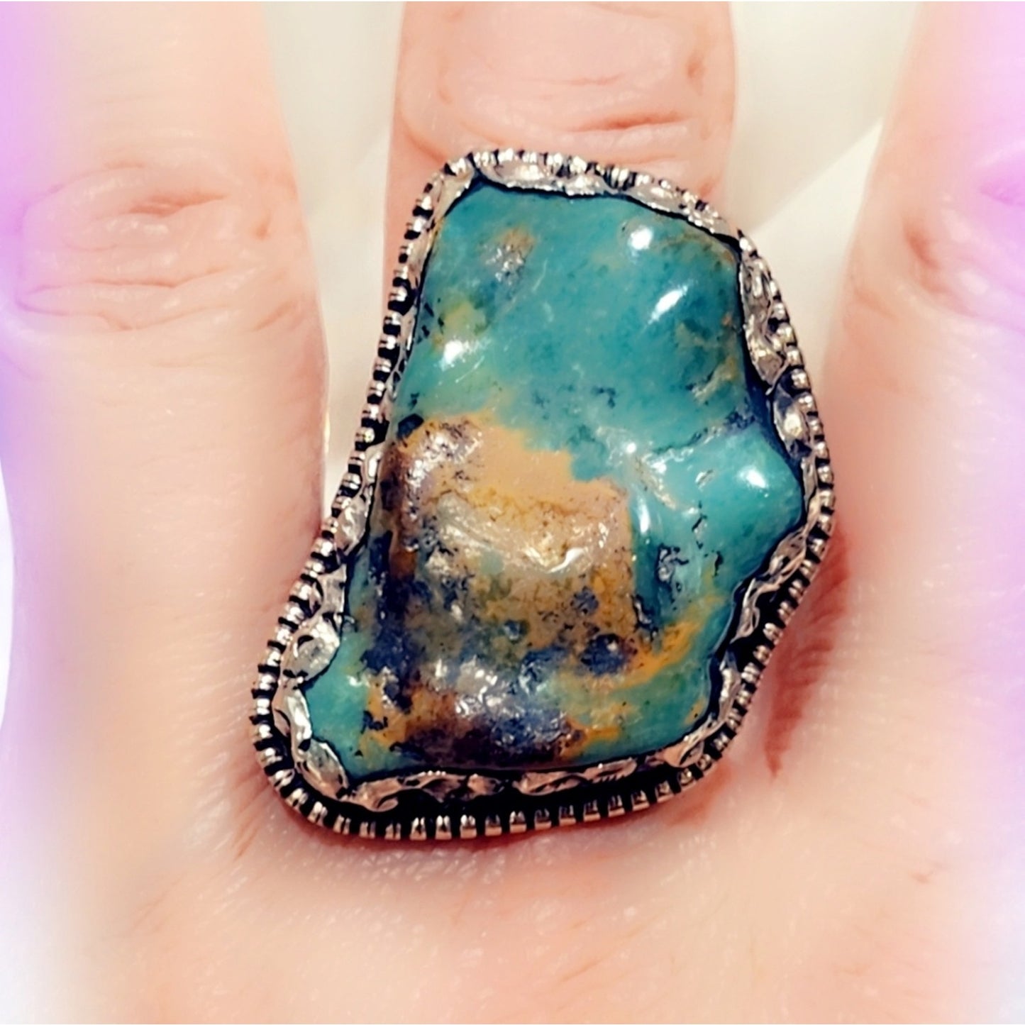 Turquoise Ring Carved Handcrafted Tibetan Ring