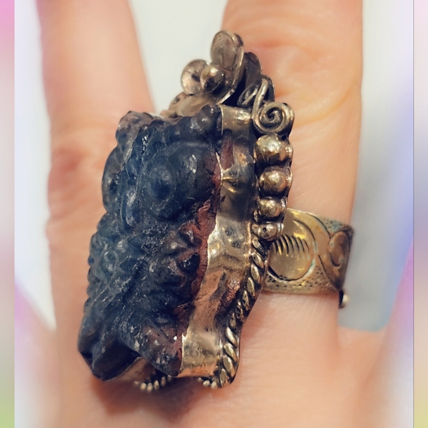 Owl Labradorite Carved Handcrafted Tibetan Ring