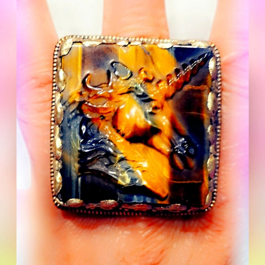 Carved Unicorn Huge Tigers Eye Handcrafted Tibetan Ring