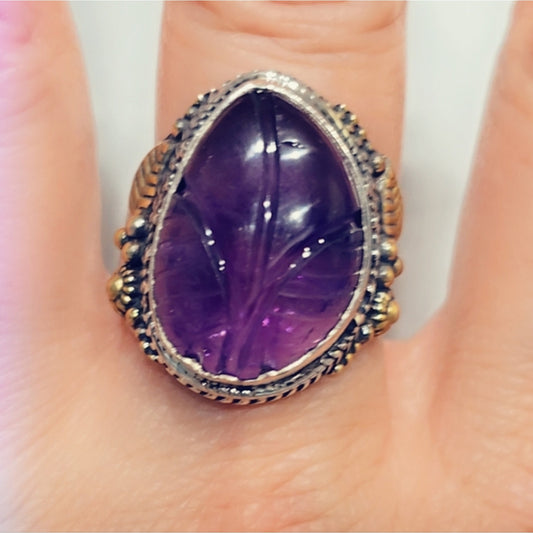 Carved Amethyst Custom Made Sterling Silver Gemstone Ring