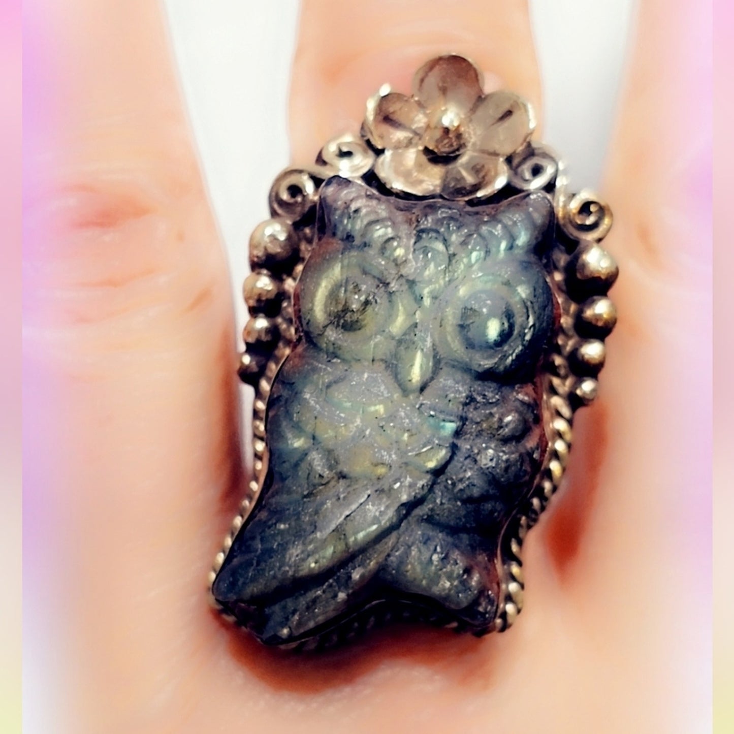 Owl Labradorite Carved Handcrafted Tibetan Ring