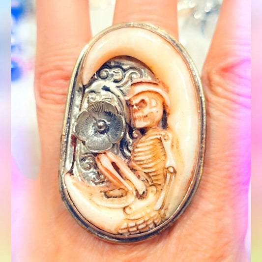 Skeleton Moon Carved Buffalo Bone Handcrafted Tibetan Ring