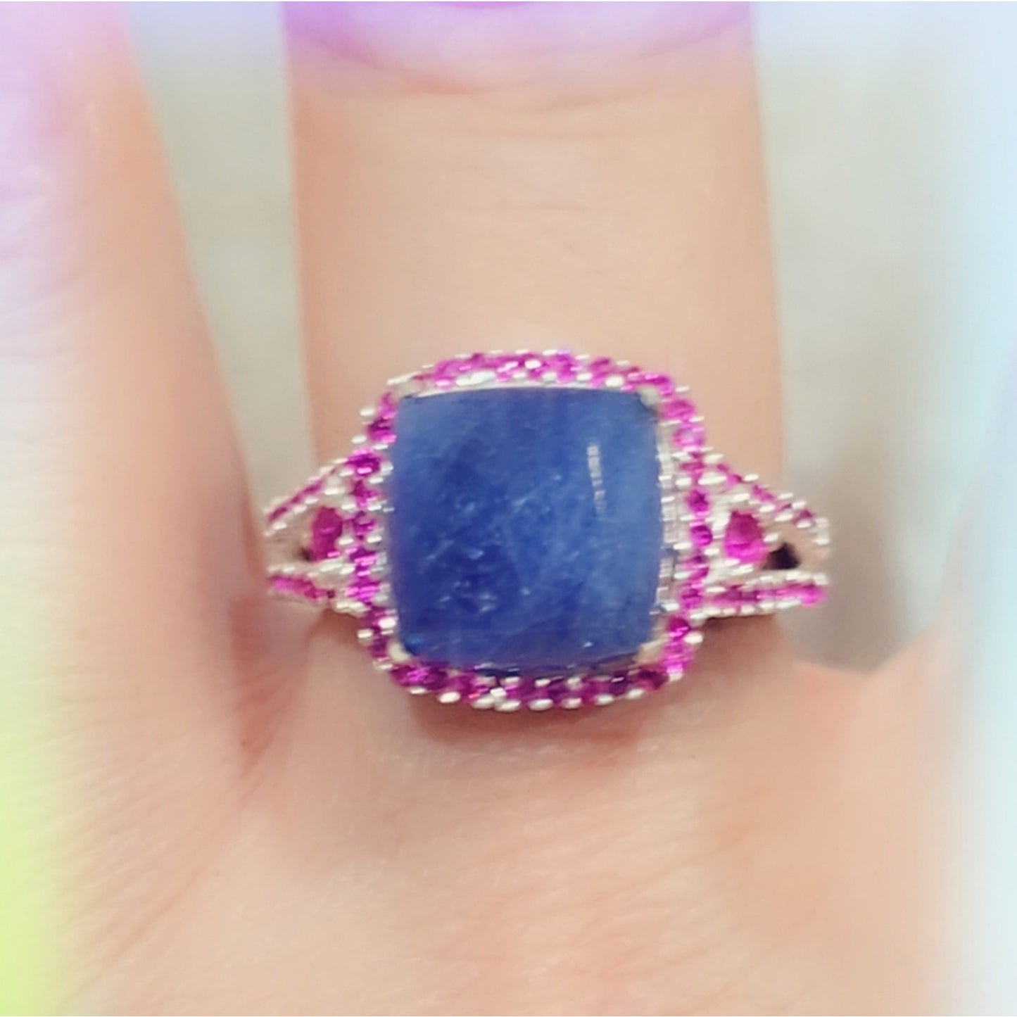 Faceted Iolite & Ruby Gemstone Sterling Silver 925 Ring