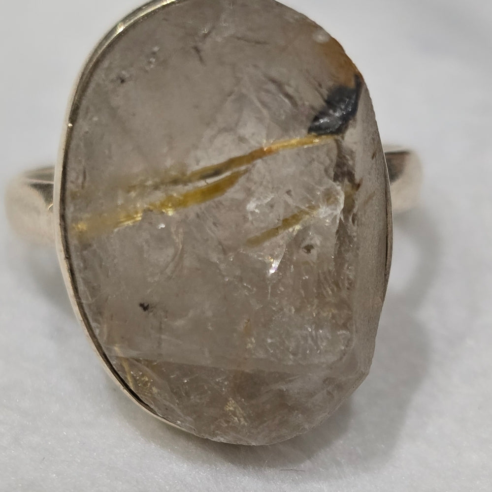 Raw Golden Rutile Angel Hair Quartz Sterling Silver Gemstone Ring