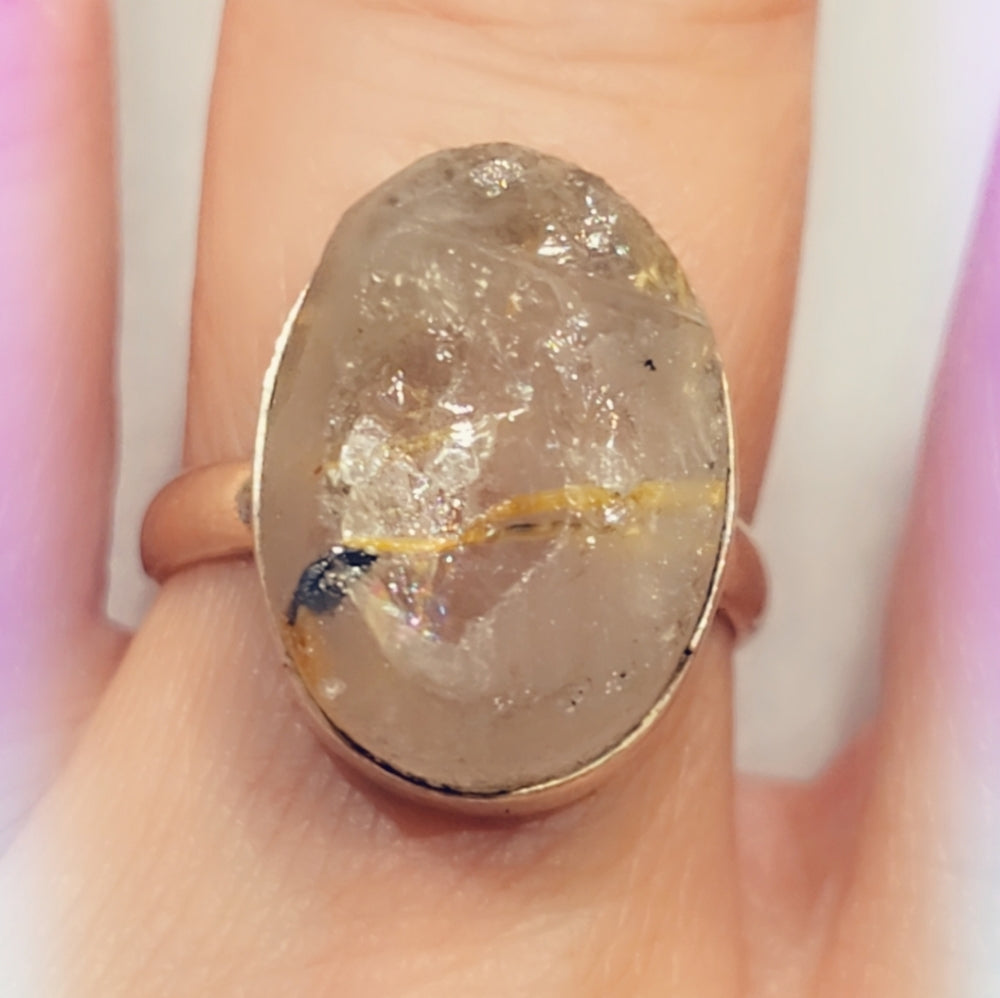 Raw Golden Rutile Angel Hair Quartz Sterling Silver Gemstone Ring