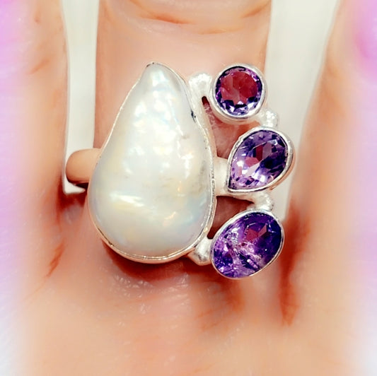 Pearl & Amethyst Solid Sterling Silver 925 Gemstone Ring