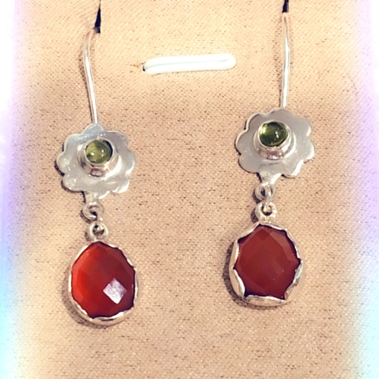 Faceted Carnelian & Peridot Sterling Silver Gemstone Dangle Earrings