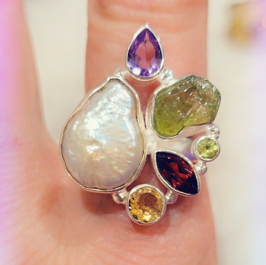 Multi Stone & Pearl Solid Sterling Silver 925 Gemstone Ring