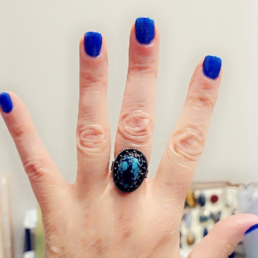 Custom Turquoise Sterling Solid Silver Gemstone Ring Sz 7¾