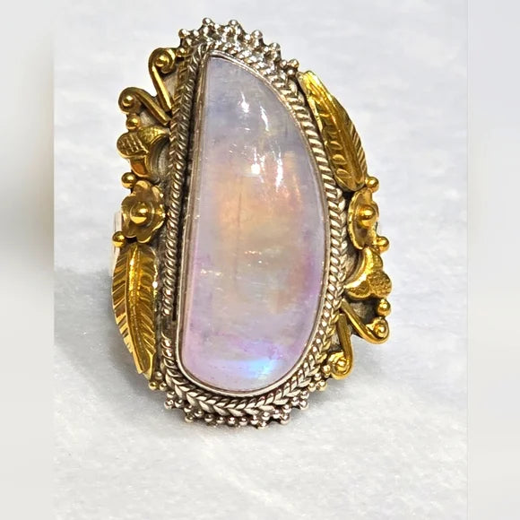 Custom Made Rainbow Moonstone Solid Sterling Gemstone Ring