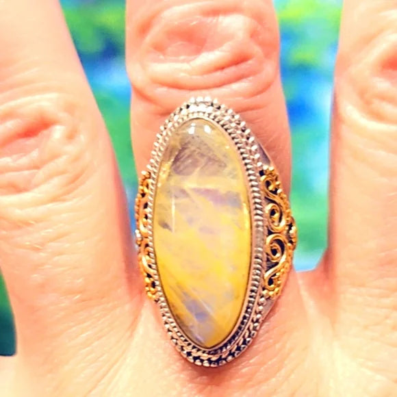 YELLOW Custom Made Rainbow Moonstone Solid Sterling Gemstone Ring