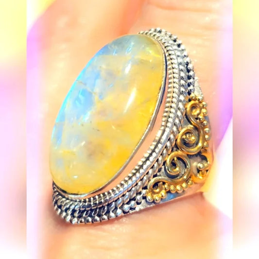 Yellow Custom Made Rainbow Moonstone Solid Sterling Gemstone Ring